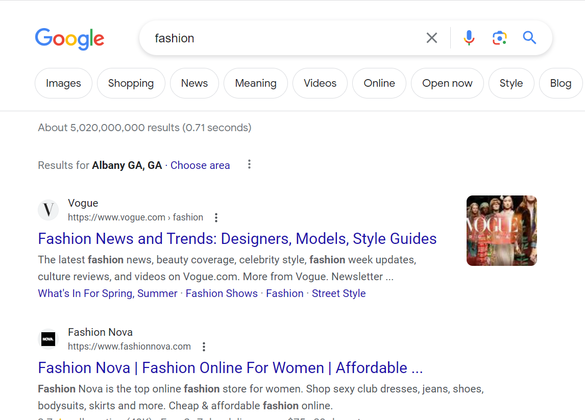 Looking up the SERPs for Fashion SEO