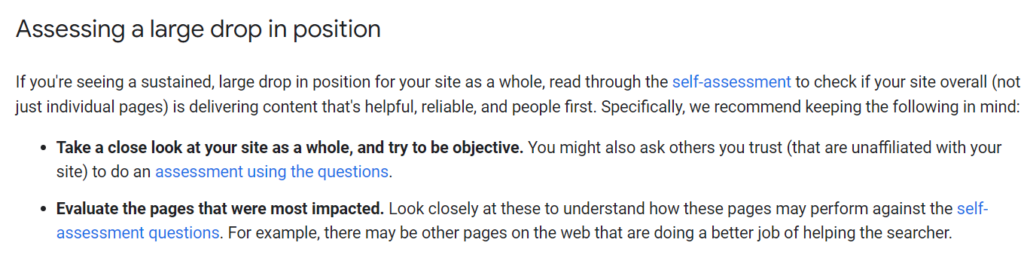 A section from Google's August Core Update 2024 blog post telling websites on how to assess a large drop in position.