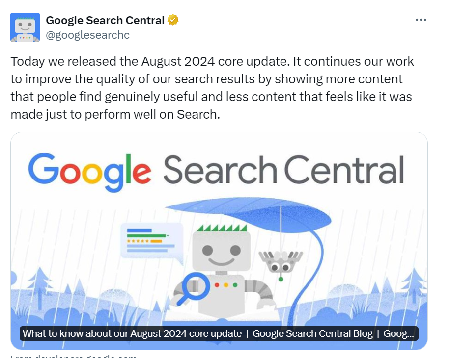 Google's Post on the August Core Update 2024.