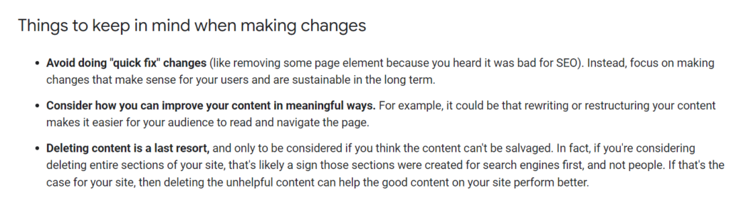 A section from Google's August Core Update 2024 blog post telling websites on how to react to a large drop in position when making changes.