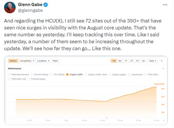 Glenn Gabe's X post on 26th August about the August Core Update recoveries.